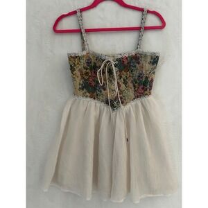 Cider Floral Tapestry Lace Up Mini Dress Cream Cottagecore Coquette XS